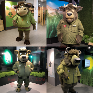 Olive Buffalo mascot costume character dressed with a Windbreaker and Ties