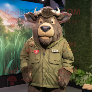 Olive Buffalo mascot costume character dressed with a Windbreaker and Ties