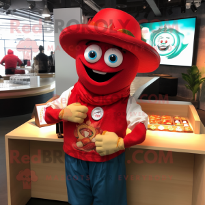 Red Fajitas mascot costume character dressed with a Poplin Shirt and Bracelet watches