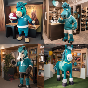 Teal Horse mascot costume character dressed with a Rugby Shirt and Cufflinks