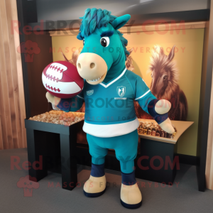 Teal Horse mascot costume character dressed with a Rugby Shirt and Cufflinks