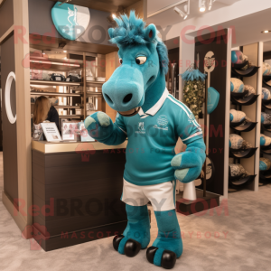 Teal Horse mascot costume character dressed with a Rugby Shirt and Cufflinks