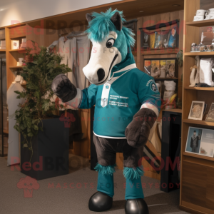 Teal Horse mascot costume character dressed with a Rugby Shirt and Cufflinks
