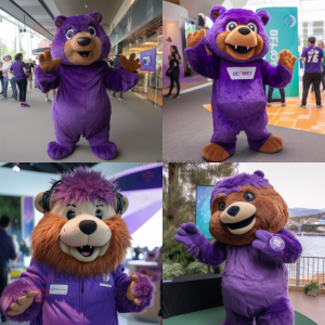 Purple Beaver mascot costume character dressed with a Jumpsuit and Headbands