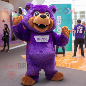 Purple Beaver mascot costume character dressed with a Jumpsuit and Headbands