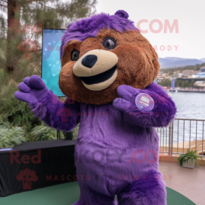 Purple Beaver mascot costume character dressed with a Jumpsuit and Headbands