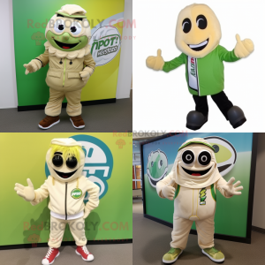 Cream Pesto Pasta mascot costume character dressed with a Moto Jacket and Shoe laces