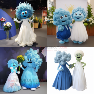 Blue Cauliflower mascot costume character dressed with a Wedding Dress and Hairpins