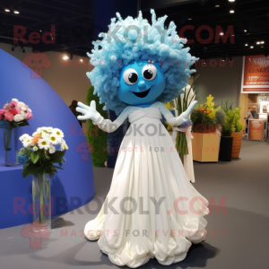 Blue Cauliflower mascot costume character dressed with a Wedding Dress and Hairpins