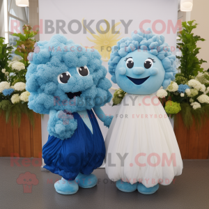 Blue Cauliflower mascot costume character dressed with a Wedding Dress and Hairpins