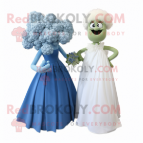 Blue Cauliflower mascot costume character dressed with a Wedding Dress and Hairpins