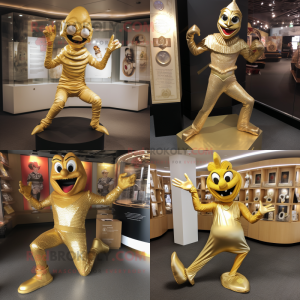 Gold Contortionist mascot costume character dressed with a Henley Shirt and Shoe clips