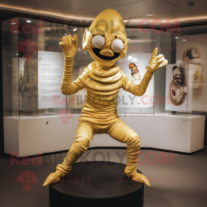 Gold Contortionist mascot costume character dressed with a Henley Shirt and Shoe clips