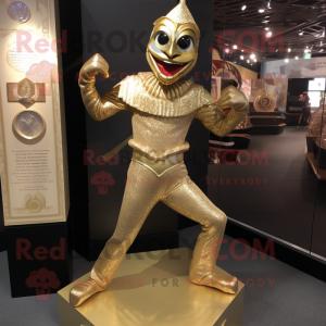 Gold Contortionist mascot costume character dressed with a Henley Shirt and Shoe clips