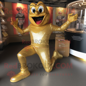 Gold Contortionist mascot costume character dressed with a Henley Shirt and Shoe clips