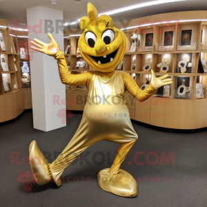 Gold Contortionist mascot costume character dressed with a Henley Shirt and Shoe clips
