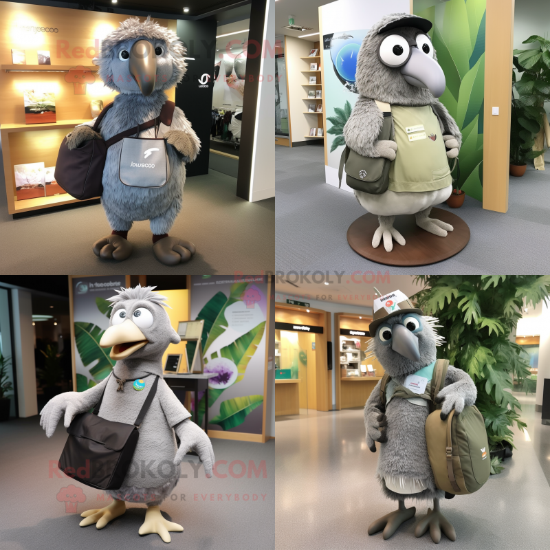 Gray Kiwi mascot costume character dressed with a Wrap Skirt and Messenger bags Gray Kiwi mascot costume character dressed with a Wrap Skirt and Messenger bags