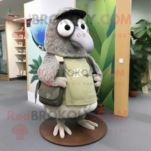 Gray Kiwi mascot costume character dressed with a Wrap Skirt and Messenger bags