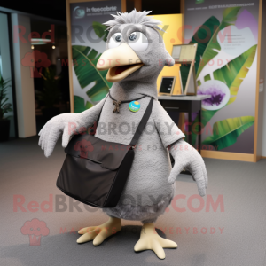 Gray Kiwi mascot costume character dressed with a Wrap Skirt and Messenger bags