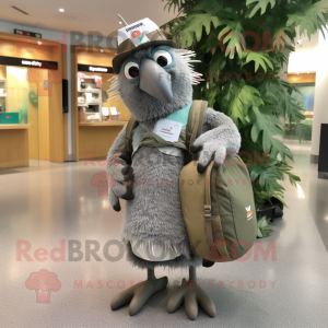 Gray Kiwi mascot costume character dressed with a Wrap Skirt and Messenger bags