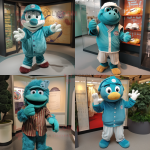 Teal Baseball Glove mascot costume character dressed with a Cardigan and Wraps