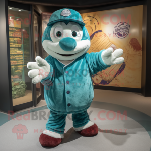 Teal Baseball Glove mascot costume character dressed with a Cardigan and Wraps