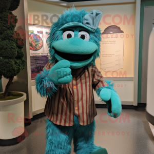 Teal Baseball Glove mascot costume character dressed with a Cardigan and Wraps