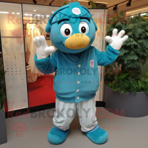 Teal Baseball Glove mascot costume character dressed with a Cardigan and Wraps