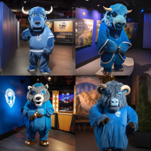 Blue Bison mascot costume character dressed with a Sweatshirt and Shawl pins