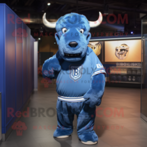 Blue Bison mascot costume character dressed with a Sweatshirt and Shawl pins