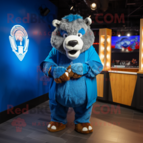 Blue Bison mascot costume character dressed with a Sweatshirt and Shawl pins