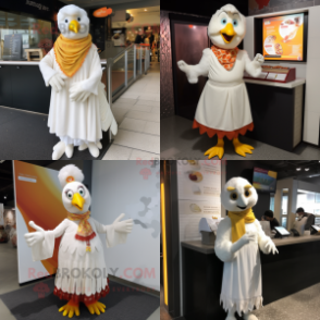 White Butter Chicken mascot costume character dressed with a A-Line Dress and Scarves