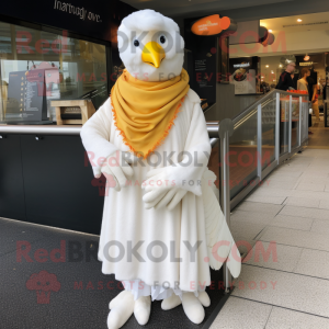White Butter Chicken mascot costume character dressed with a A-Line Dress and Scarves