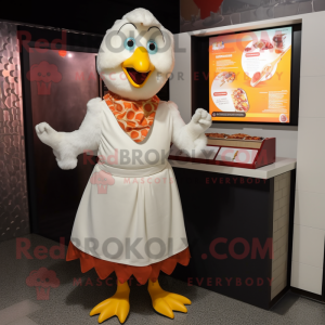 White Butter Chicken mascot costume character dressed with a A-Line Dress and Scarves