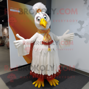 White Butter Chicken mascot costume character dressed with a A-Line Dress and Scarves