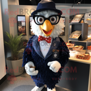 Navy Chicken Parmesan mascot costume character dressed with a Suit and Eyeglasses