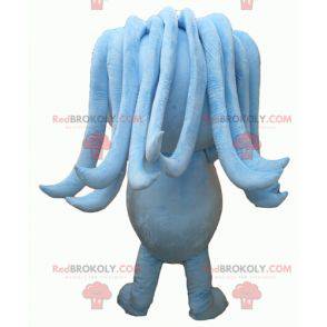 Blauwe sneeuwpopmascotte met dreadlocks en een microfoon -
