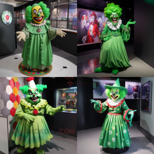 Green Evil Clown mascot costume character dressed with a Wrap Skirt and Brooches