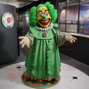 Green Evil Clown mascot costume character dressed with a Wrap Skirt and Brooches