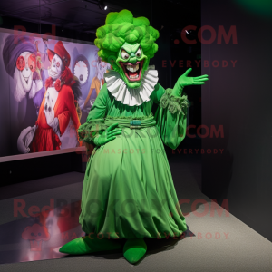 Green Evil Clown mascot costume character dressed with a Wrap Skirt and Brooches