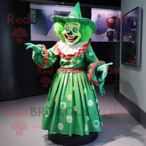 Green Evil Clown mascot costume character dressed with a Wrap Skirt and Brooches