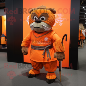 Orange Samurai mascot costume character dressed with a Corduroy Pants and Backpacks