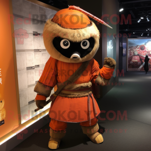 Orange Samurai mascot costume character dressed with a Corduroy Pants and Backpacks