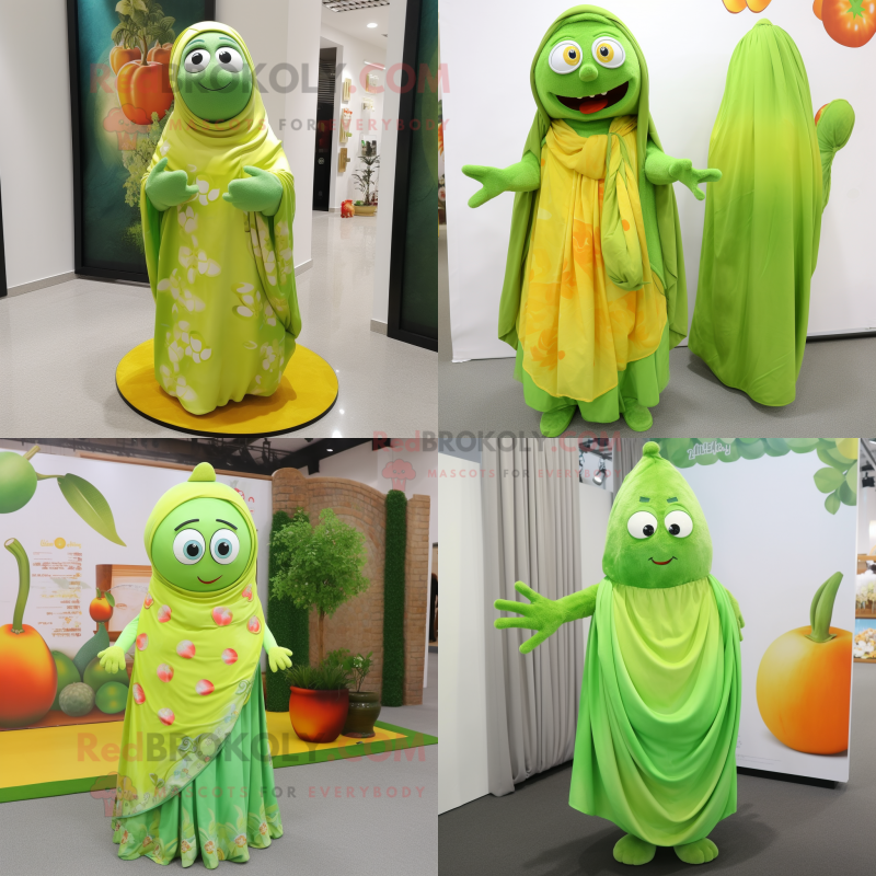 Lime Green Apricot mascot costume character dressed with a Maxi Dress and Shawls