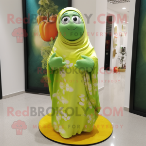 Lime Green Apricot mascot costume character dressed with a Maxi Dress and Shawls