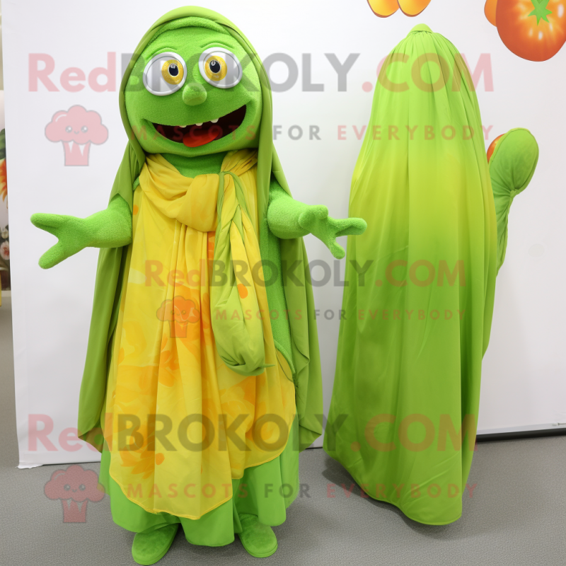 Lime Green Apricot mascot costume character dressed with a Maxi Dress and Shawls