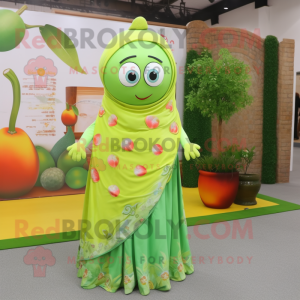 Lime Green Apricot mascot costume character dressed with a Maxi Dress and Shawls