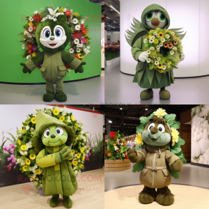 Olive Bouquet Of Flowers mascot costume character dressed with a Parka and Rings