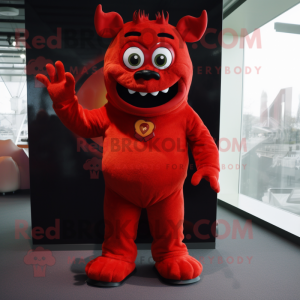 Red Devil mascot costume character dressed with a Vest and Mittens