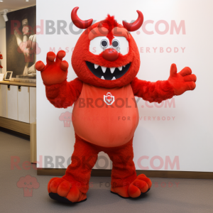 Red Devil mascot costume character dressed with a Vest and Mittens